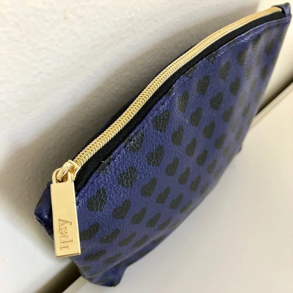 Ipsy Dark Blue Heart Print Makeup Cosmetic Bag